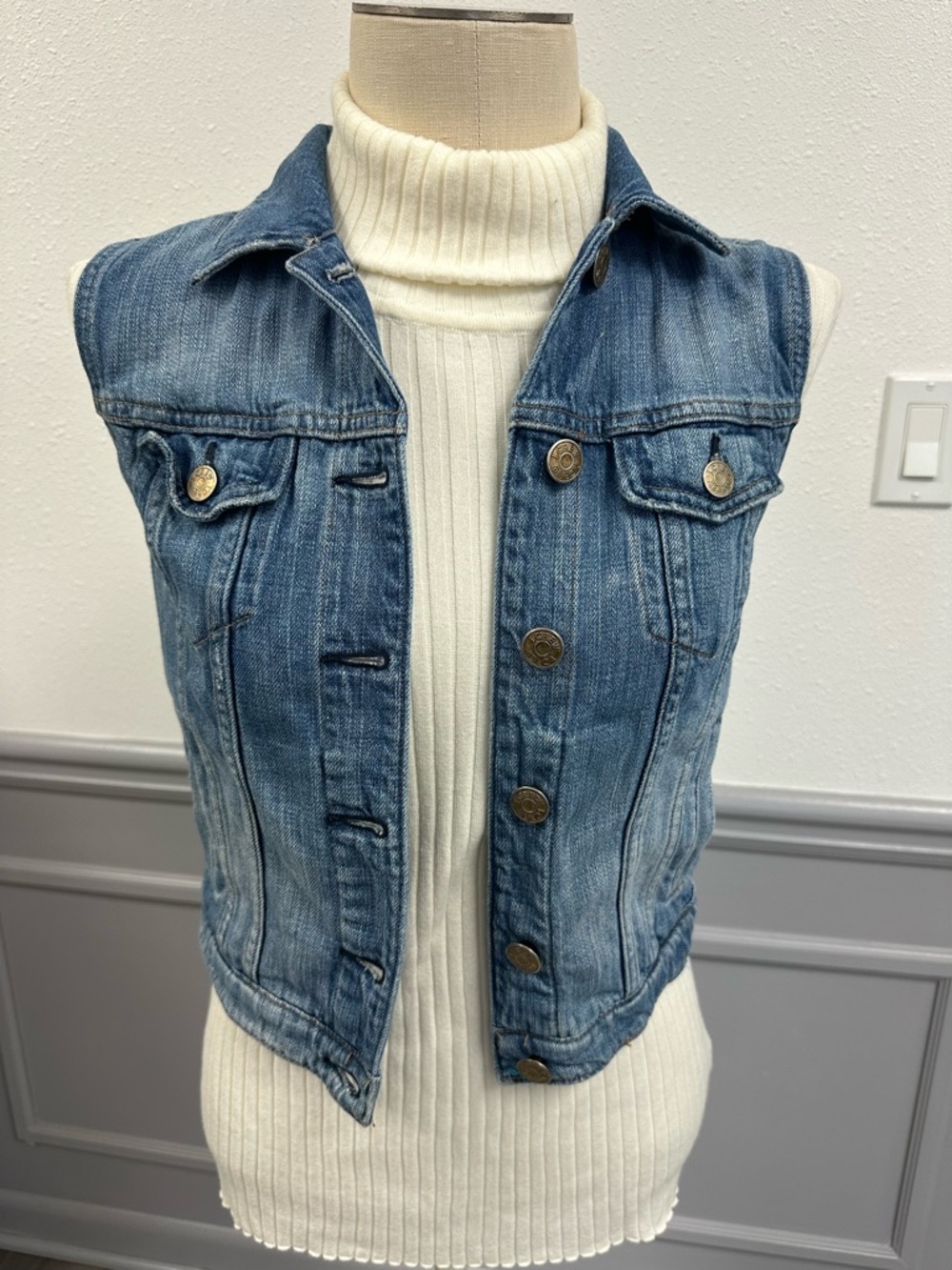 J Crew Classic Blue Sleeveless Denim Vest with Yellow Fabric Back (1022)